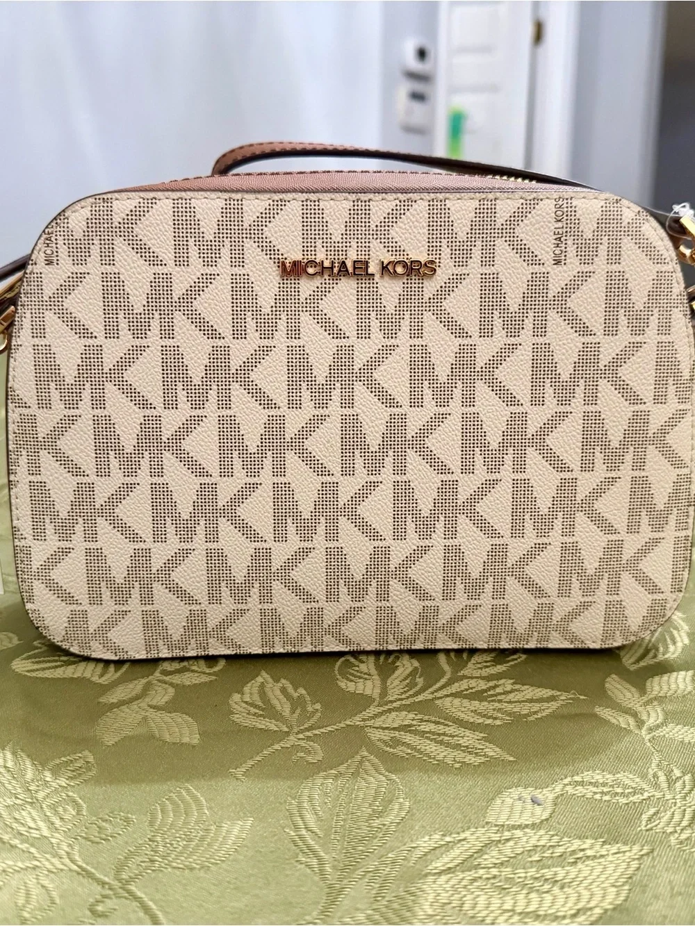 Michael Kors Cream and Brown Signature Dome Crossbody